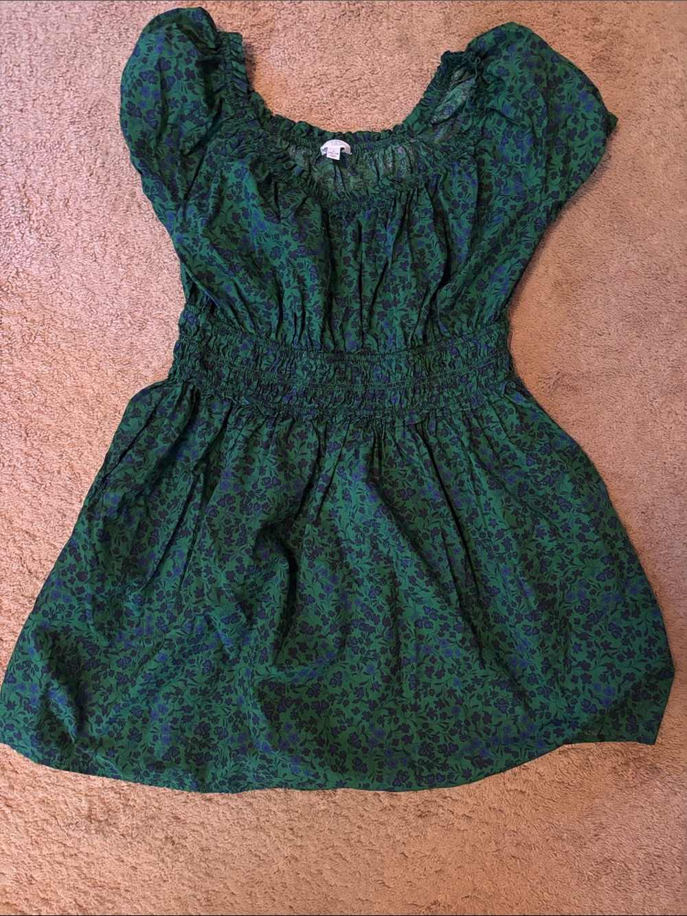 Time and Tru Green Floral Smocked-Waist Casual Dress